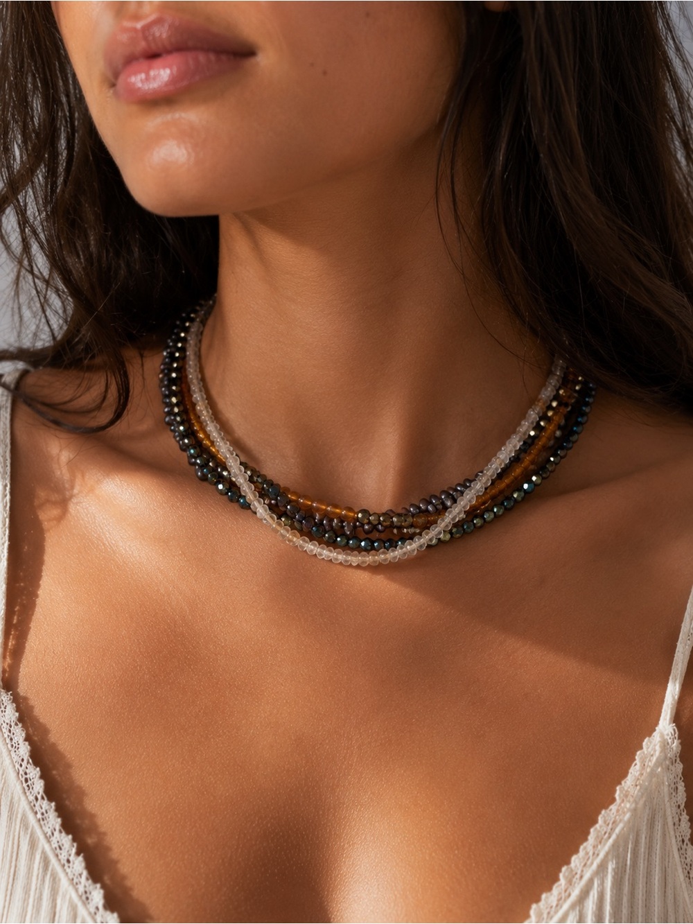 Layered Beaded Necklace in Brown, Black, and Clear - Women Jewelry